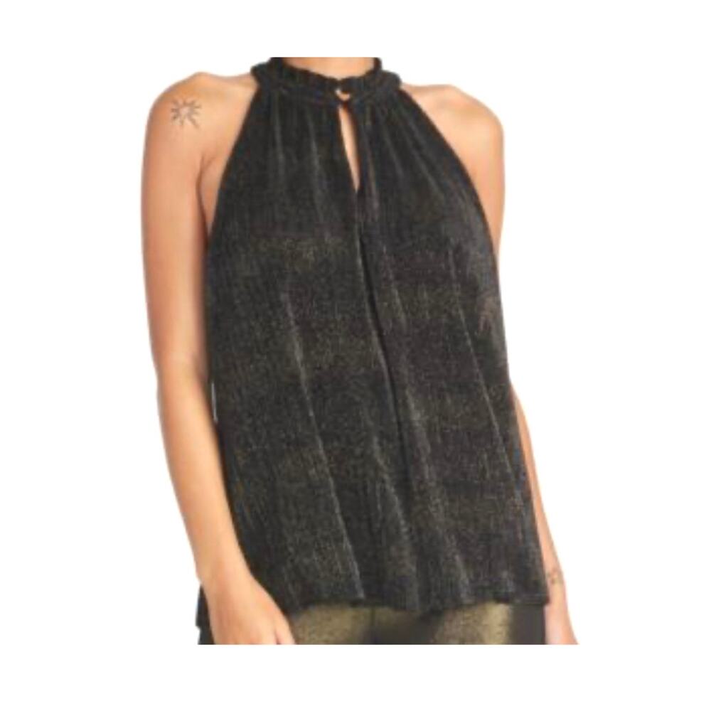 Rachel Roy small metallic shimmer pleated sleeveless keyhole top TS 3086